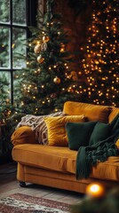 Obraz premium christmas hygge interior retro holiday lounge scene with corduroy sofa, macramé decorations, and vintage tree lights, vintage film look