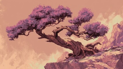 Artistic depiction of a pink flowering tree perched on a rocky cliffside outdoors