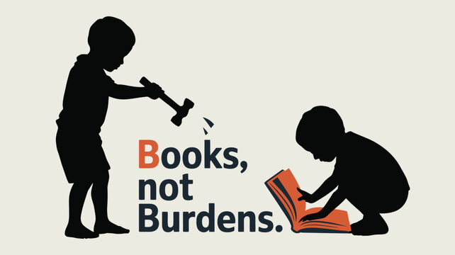 Silhouette of Children One Reading a Book, the Other Destroys Burden, Promoting Education