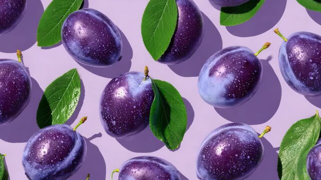 A repeating pattern of purple plums with green leaves on a lavender background.