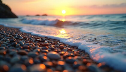 Golden sunset over ocean waves gently washing over a pebble beach. Tranquil sea water reflects warm sun light. Peaceful natural scene on shore.