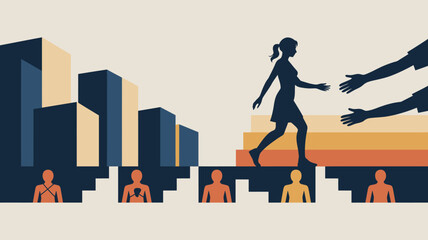 Silhouette of Woman Ascending Stairs, Assisted by Helping Hands Above, Challenges Below