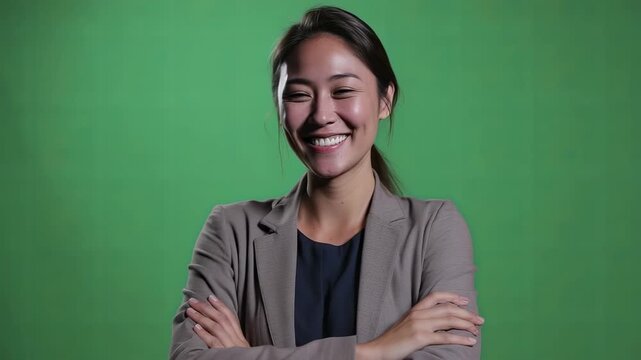 A persons back and side profile with long dark hair in a ponytail wearing a collared garment against a green screen background