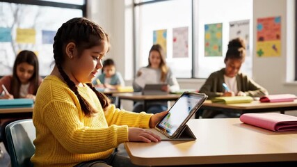Young student using digital tablet in modern classroom. Focused girl learning with interactive educational app. E-learning and technology in elementary school education - Powered by Adobe