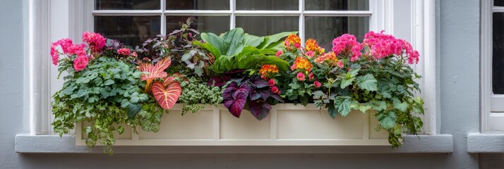 Naklejka premium Window sill with a white box containing a variety of plants