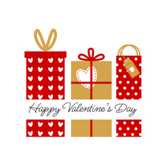 Sweet Valentine's Day card. Gift boxes of various shapes. Handwritten lettering: Happy Valentine's Day. Vector flat illustration for cover, greeting card, banner, poster, social media 