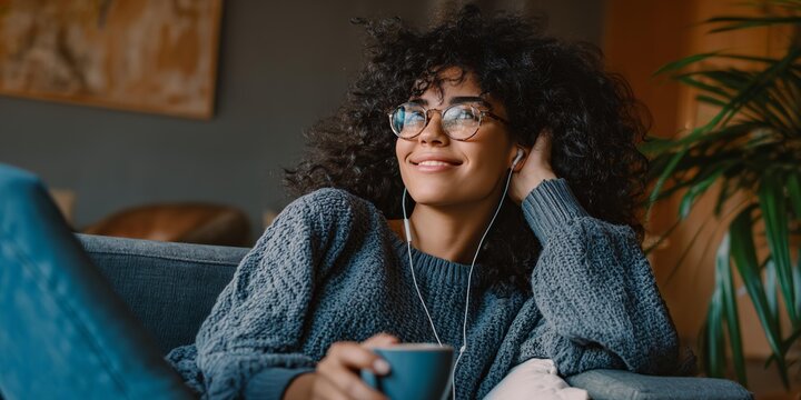 Woman wearing glasses is sitting on a couch with a cup in her hand