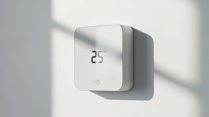 Smart thermostat showing 25 degrees celsius on a wall, depicting modern home climate control and energy efficiency footage