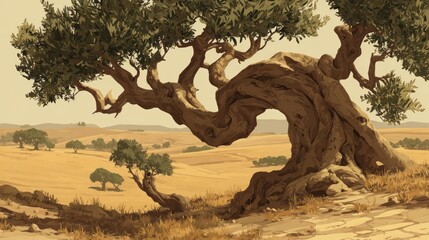 A gnarled olive tree stands prominently in a field during daytime with other trees visible