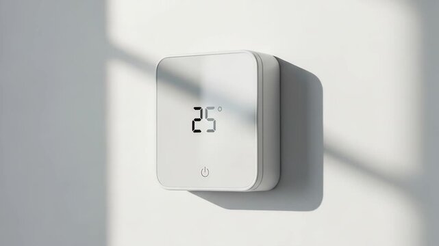 Smart thermostat showing 25 degrees celsius on a wall, depicting modern home climate control and energy efficiency footage. Cloud Dancer Color of the Year 2026