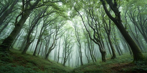 Naklejka premium Forest with trees and a foggy sky