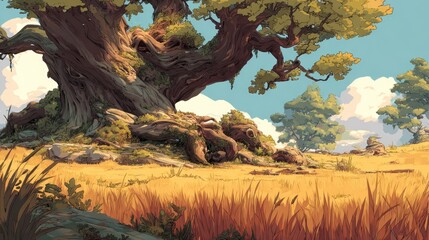 Illustration of a large old tree in a field of golden grass under a blue sky