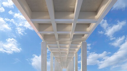Obraz premium Underneath Structure of Modern Bridge with Concrete Beams and Clear Blue Sky Enhancing Architectural Beauty and Design Aesthetics Below the Walkway