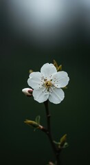 A delicate white flower blooming under a cloudy, gray sky, highlighting the subtle textures of the petals and the deep green natural background ,isolated ,summer ,organic