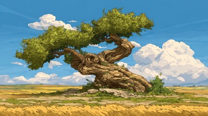 Fototapeta premium Cartoon depiction of a large gnarled tree in a field with a blue sky and clouds
