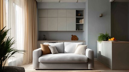 Cozy and Modern Living Room with Light Colors, Stylish Sofa, and Natural Elements in a Bright Atmosphere