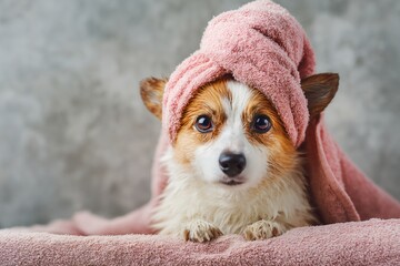 Dog is sitting on a pink towel with its head wrapped in a towel
