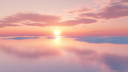 Fototapeta premium Minimalist arctic plain featuring frozen tundra and distant icebergs lit by soft orange sunlight
