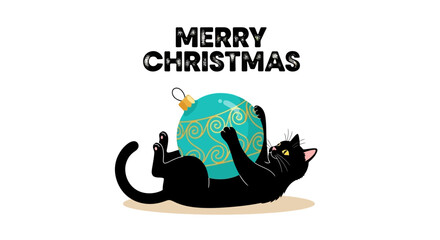 Merry Christmas Playful Black Cat with Ornament - Festive Holiday Illustration