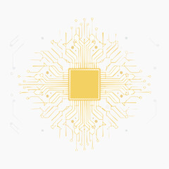 Yellow Square Microchip on a Detailed Circuit Board Pattern Background technology golden
