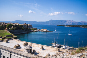 view of the sea and mountains Korfu City