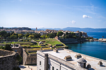 view of the sea and mountains Korfu City