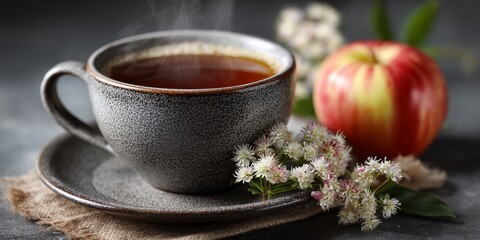 Cup of tea is on a saucer with a flower arrangement next to it