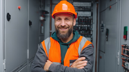 Smiling professional electrician and engineer man portrait. This worker in safety helmet stands confidently by an electrical control panel