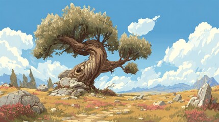 Cartoon style illustration of a large gnarled tree in a sunny open landscape