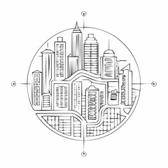 Circular Silhouette of a City Skyline with Skyscrapers and Roads urban landscape circle