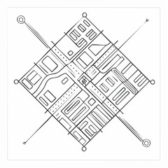 Stylized Diamond Shaped City Map Sketch with Compass Points and Roads urban plan schematic