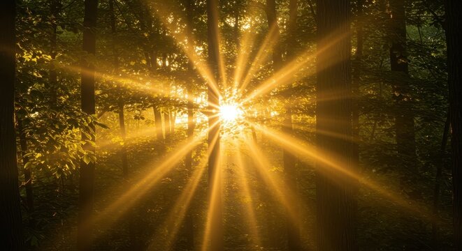 Goldene Sonnenstrahlen brechen durch das Bl?tterdach eines Waldes und erzeugen eine magische, mystische Atmosph?re mit strahlendem Licht ,Stamm ,Fr?hling ,Streulicht