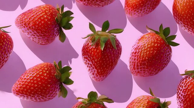 Strawberries with green caps on a pink surface, each casting distinct shadows.