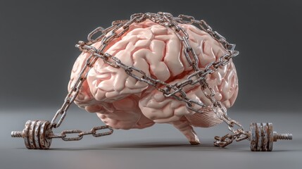 Fitness & Anti‑Procrastination Challenge Concept. Brain encased in chains, symbolizing mental struggle and weight.