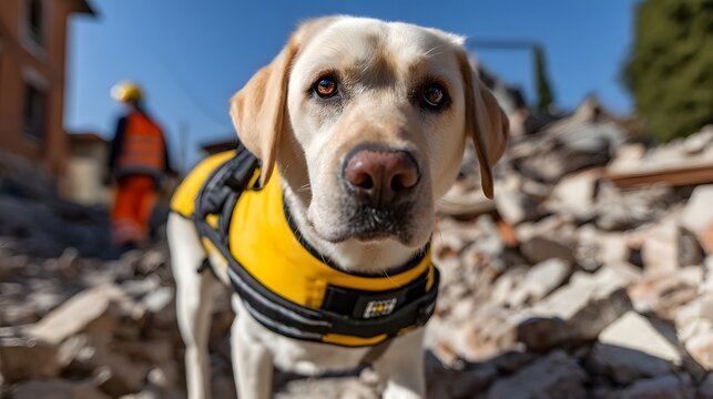 A trained search and rescue dog in a yellow safety vest carefully navigating through debris and damaged buildings, on the lookout for any signs of life during an emergency response ope n.