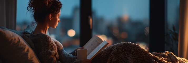 Woman is reading a book while sitting on a bed