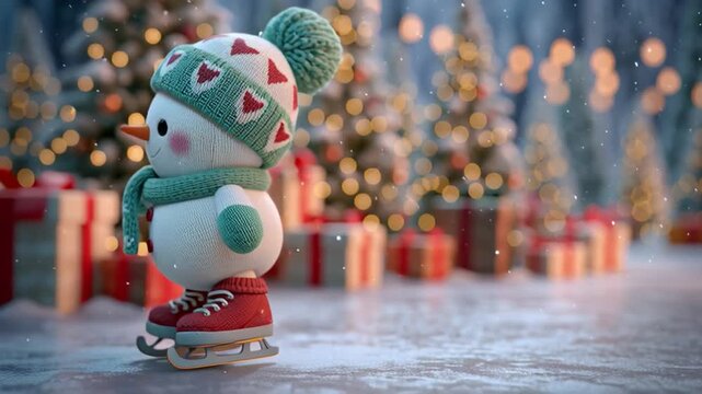 Charming snowman skating joyfully in a festive winter wonderland filled with glowing lights and decorated trees