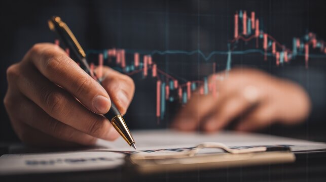 Stock market analysis, business, finance and investment. Finance analyst analyzing stock market trading graph, economic growth chart, planning and strategy, business investment with financial report. - Powered by Adobe