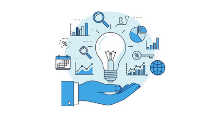 Creative Business Strategy Hand Holding a Light Bulb with Data Visualization Elements