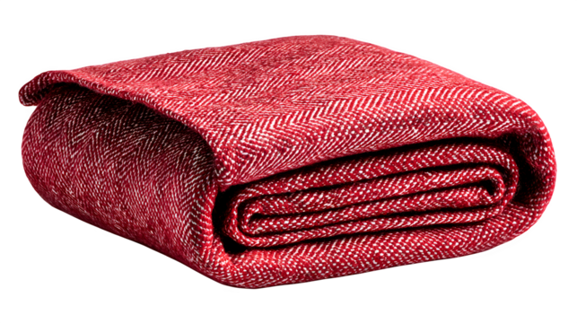 Folded red woven blanket, visible weave pattern and tidy folds, isolated on white background