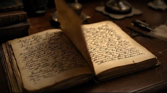 Turning the Pages of an Ancient Mysterious Book on a Wooden Desk.