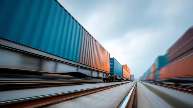 Point of view video showing a fast moving freight train carrying colorful shipping containers on a railway, highlighting the speed of logistics, transportation, and global trade