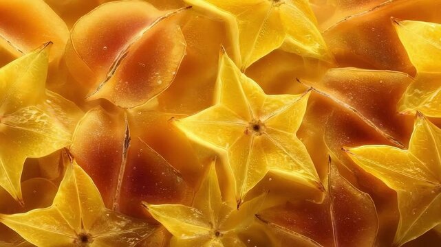 Yellow starfruit (carambola) cross-section slices arranged in star shapes.