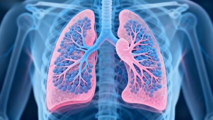 Blue and pink hue X-ray medical image, cross-sectional anatomy of the lungs through X-ray perspective.
