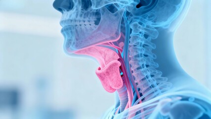 Blue and pink hue X-ray medical image, throat anatomy cross-sectional radiographic view;