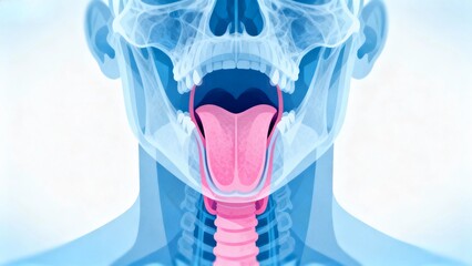Blue and pink hue X-ray medical image, throat anatomy cross-sectional radiographic view;