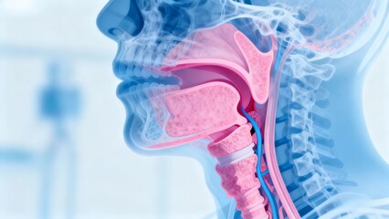 Blue and pink hue X-ray medical image, throat anatomy cross-sectional radiographic view;