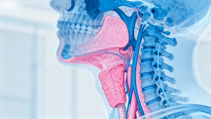 Blue and pink hue X-ray medical image, throat anatomy cross-sectional radiographic view;