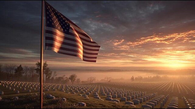 American flag flies over military cemetery during sunset