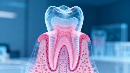 Blue and pink hue X-ray medical image, a tooth dissection cross-sectional radiography.
